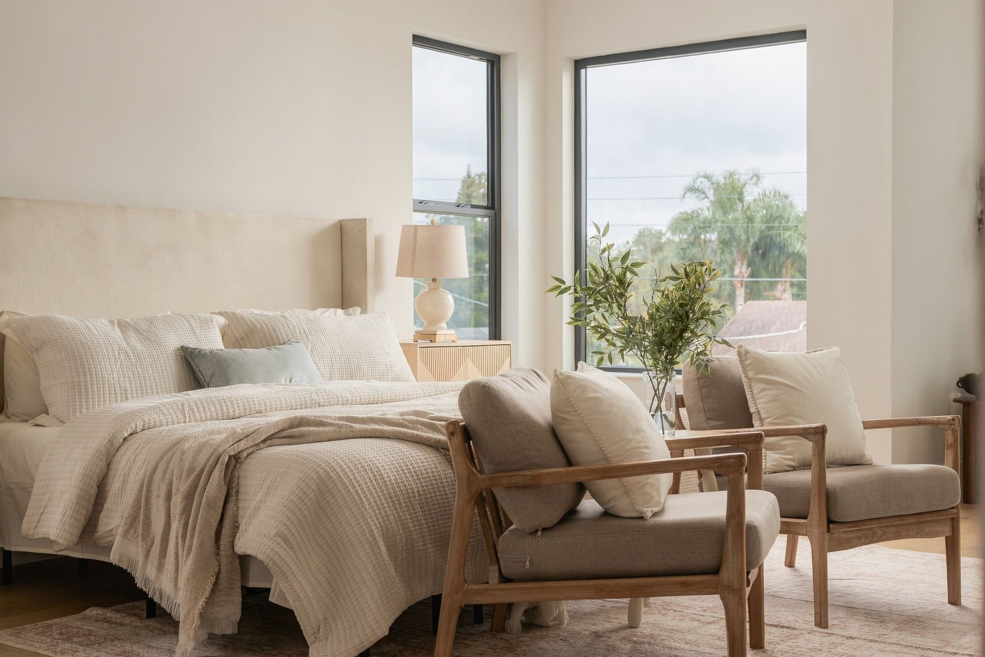 Primary bedroom with a linen bed and lounge chairs